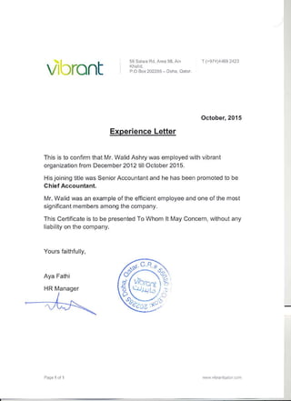 Vibrant Experience certificate