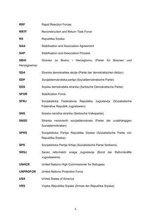 4
RRF Rapid Reaction Forces
RRTF Reconstruction and Return Task Force
RS Republika Srpska
SAA Stabilisation and Association Agreement
SAP Stabilisation and Association Process
SBiH Stranka za Bosnu i Hercegovinu (Partei für Bosnien und
Herzegowina)
SDA Stranka demokratske akcije (Partei der demokratischen Aktion)
SDP Socijaldemokratska partija (Sozialdemokratische Partei)
SDS Srpska demokratska stranka (Serbische Demokratische Partei)
SFOR Stabilization Force
SFRJ Socijalisticka Federativna Republika Jugoslavija (Sozialistische
Föderative Republik Jugoslawien)
SNS Srpska narodna stranka (Serbische Volkspartei)
SNSD Stranka nezavisnih socijaldemokrata (Partei der unabhängigen
Sozialdemokratien)
SPRS Socijalisticka Partija Republike Srpske (Sozialistische Partei von
Republika Srpska)
SPS Socijalisticka Partija Srbije (Sozialistische Partei Serbiens)
SRSJ Savez reformskih snaga Jugoslavije (Bund der Reformkräfte
Jugoslawiens)
UNHCR United Nations High Commissioner for Refugees
UNPROFOR United Nations Protection Force
USA United States of America
VRS Vojska Republike Srpske (Armee der Republika Srpska)
 