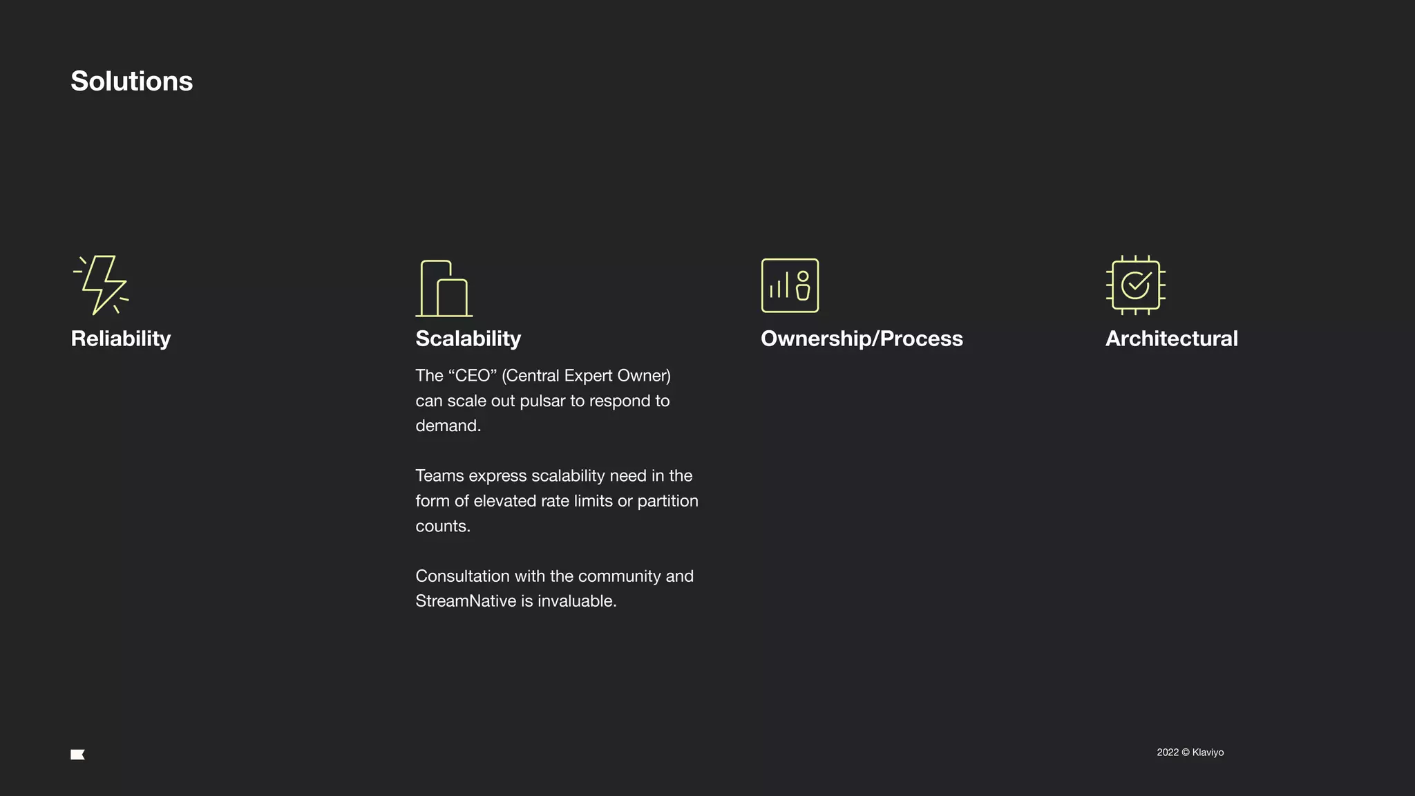 20
2022 © Klaviyo Conﬁdential
Solutions
Reliability Scalability
The “CEO” (Central Expert Owner)
can scale out pulsar to respond to
demand.
Teams express scalability need in the
form of elevated rate limits or partition
counts.
Consultation with the community and
StreamNative is invaluable.
Ownership/Process Architectural
 