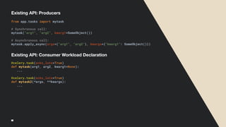 Existing API: Producers
from app.tasks import mytask
# Synchronous call:
mytask("arg1", "arg2", kwarg1=SomeObject())
# Asynchronous call:
mytask.apply_async(args=("arg1", "arg2"), kwargs={"kwarg1": SomeObject()})
@celery.task(acks_late=True)
def mytask(arg1, arg2, kwarg1=None):
...
@celery.task(acks_late=True)
def mytask2(*args, **kwargs):
...
Existing API: Consumer Workload Declaration
 