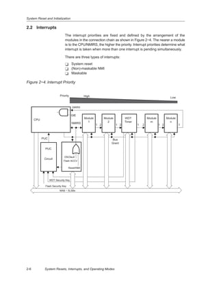 System Reset and Initialization
2-6 System Resets, Interrupts, and Operating Modes
2.2 Interrupts
The interrupt priorities are fixed and defined by the arrangement of the
modules in the connection chain as shown in Figure 2−4. The nearer a module
is to the CPU/NMIRS, the higher the priority. Interrupt priorities determine what
interrupt is taken when more than one interrupt is pending simultaneously.
There are three types of interrupts:
- System reset
- (Non)-maskable NMI
- Maskable
Figure 2−4. Interrupt Priority
Bus
Grant
Module
1
Module
2
WDT
Timer
Module
m
Module
n
1 2 1 2 1 2 1 2 1
NMIRS
GIE
CPU
OSCfault
Reset/NMI
PUC
Circuit
PUC
WDT Security Key
Priority High Low
MAB − 5LSBs
GMIRS
Flash Security Key
Flash ACCV
 