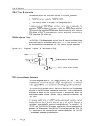Timer_B Operation
12-18 Timer_B
12.2.6 Timer_B Interrupts
Two interrupt vectors are associated with the 16-bit Timer_B module:
- TBCCR0 interrupt vector for TBCCR0 CCIFG
- TBIV interrupt vector for all other CCIFG flags and TBIFG
In capture mode, any CCIFG flag is set when a timer value is captured in the
associated TBCCRx register. In compare mode, any CCIFG flag is set when
TBR counts to the associated TBCLx value. Software may also set or clear any
CCIFG flag. All CCIFG flags request an interrupt when their corresponding
CCIE bit and the GIE bit are set.
TBCCR0 Interrupt Vector
The TBCCR0 CCIFG flag has the highest Timer_B interrupt priority and has
a dedicated interrupt vector as shown in Figure 12−15. The TBCCR0 CCIFG
flag is automatically reset when the TBCCR0 interrupt request is serviced.
Figure 12−15. Capture/Compare TBCCR0 Interrupt Flag
D
Set
Q
IRQ, Interrupt Service Requested
Reset
Timer Clock
POR
CAP
EQU0
Capture
IRACC, Interrupt Request Accepted
CCIE
TBIV, Interrupt Vector Generator
The TBIFG flag and TBCCRx CCIFG flags (excluding TBCCR0 CCIFG) are
prioritized and combined to source a single interrupt vector. The interrupt
vector register TBIV is used to determine which flag requested an interrupt.
The highest priority enabled interrupt (excluding TBCCR0 CCIFG) generates
a number in the TBIV register (see register description). This number can be
evaluated or added to the program counter to automatically enter the
appropriate software routine. Disabled Timer_B interrupts do not affect the
TBIV value.
Any access, read or write, of the TBIV register automatically resets the highest
pending interrupt flag. If another interrupt flag is set, another interrupt is
immediately generated after servicing the initial interrupt. For example, if the
TBCCR1 and TBCCR2 CCIFG flags are set when the interrupt service routine
accesses the TBIV register, TBCCR1 CCIFG is reset automatically. After the
RETI instruction of the interrupt service routine is executed, the TBCCR2
CCIFG flag will generate another interrupt.
 