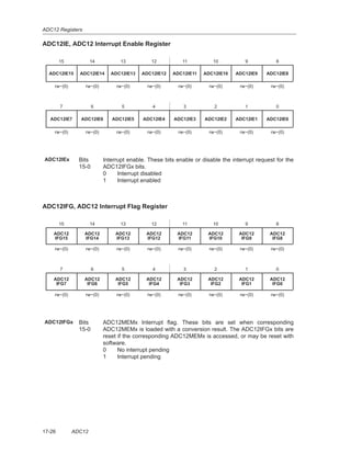 ADC12 Registers
17-26 ADC12
ADC12IE, ADC12 Interrupt Enable Register
15 14 13 12 11 10 9 8
ADC12IE15 ADC12IE14 ADC12IE13 ADC12IE12 ADC12IE11 ADC12IE10 ADC12IE9 ADC12IE8
rw−(0) rw−(0) rw−(0) rw−(0) rw−(0) rw−(0) rw−(0) rw−(0)
7 6 5 4 3 2 1 0
ADC12IE7 ADC12IE6 ADC12IE5 ADC12IE4 ADC12IE3 ADC12IE2 ADC12IE1 ADC12IE0
rw−(0) rw−(0) rw−(0) rw−(0) rw−(0) rw−(0) rw−(0) rw−(0)
ADC12IEx Bits
15-0
Interrupt enable. These bits enable or disable the interrupt request for the
ADC12IFGx bits.
0 Interrupt disabled
1 Interrupt enabled
ADC12IFG, ADC12 Interrupt Flag Register
15 14 13 12 11 10 9 8
ADC12
IFG15
ADC12
IFG14
ADC12
IFG13
ADC12
IFG12
ADC12
IFG11
ADC12
IFG10
ADC12
IFG9
ADC12
IFG8
rw−(0) rw−(0) rw−(0) rw−(0) rw−(0) rw−(0) rw−(0) rw−(0)
7 6 5 4 3 2 1 0
ADC12
IFG7
ADC12
IFG6
ADC12
IFG5
ADC12
IFG4
ADC12
IFG3
ADC12
IFG2
ADC12
IFG1
ADC12
IFG0
rw−(0) rw−(0) rw−(0) rw−(0) rw−(0) rw−(0) rw−(0) rw−(0)
ADC12IFGx Bits
15-0
ADC12MEMx Interrupt flag. These bits are set when corresponding
ADC12MEMx is loaded with a conversion result. The ADC12IFGx bits are
reset if the corresponding ADC12MEMx is accessed, or may be reset with
software.
0 No interrupt pending
1 Interrupt pending
 