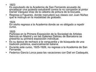 1923 Es expulsado de la Academia de San Fernando acusado de encabezar una protesta estudiantil contra la no concesión al pintor Daniel Vázquez Díaz de la cátedra de pintura de la Escuela.  Regresa a Figueres, donde reanudará sus clases con Juan Núñez que le instruye en la modalidad de grabado. 1924 En otoño regresa a la Academia donde se ve obligado a repetir curso.  1925 Participa en la Primera Exposición de la Sociedad de Artistas Ibéricos en Madrid y en las Galeries Dalmau de Barcelona se presenta su primera exposición individual.  Es su época de rechazo a la vanguardia y de búsqueda de una tradición pictórica, esencialmente italiana.  Durante este curso, 1925-1926, no regresa a la Academia de San Fernando.  Federico García Lorca pasa las vacaciones con Dalí en Cadaqués. 