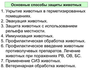 Основные способы защиты животных

1. Укрытие животных в герметизированных
помещениях.
2. Эвакуация животных.
3. Защита животных с использованием
рельефа местности.
4. Иммунизация животных.
5. Профилактическая обработка животных.
6. Профилактическое введение животным
противолучевых препаратов. Лечение
животных при поражениях РВ, ОВ, БС.
7. Применение СИЗ животных.
8. Ветеринарная обработка животных.

 