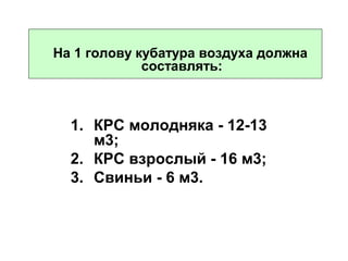 На 1 голову кубатура воздуха должна
составлять:

1. КРС молодняка - 12-13
м3;
2. КРС взрослый - 16 м3;
3. Свиньи - 6 м3.

 