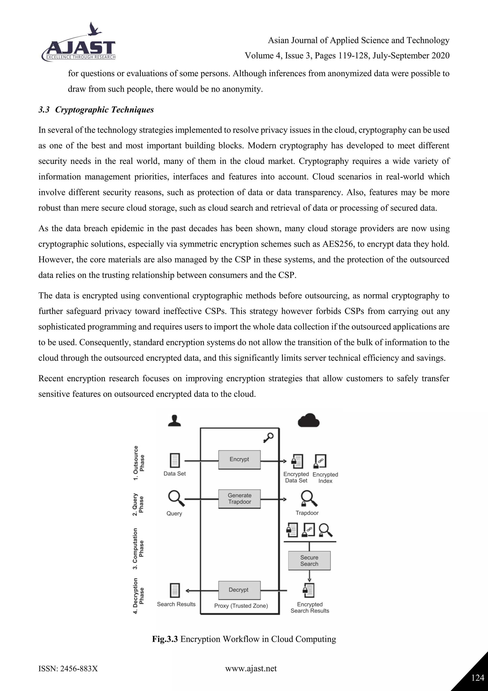 Asian Journal of Applied Science and Technology
Volume 4, Issue 3, Pages 119-128, July-September 2020
ISSN: 2456-883X www.ajast.net
124
for questions or evaluations of some persons. Although inferences from anonymized data were possible to
draw from such people, there would be no anonymity.
3.3 Cryptographic Techniques
In several of the technology strategies implemented to resolve privacy issues in the cloud, cryptography can be used
as one of the best and most important building blocks. Modern cryptography has developed to meet different
security needs in the real world, many of them in the cloud market. Cryptography requires a wide variety of
information management priorities, interfaces and features into account. Cloud scenarios in real-world which
involve different security reasons, such as protection of data or data transparency. Also, features may be more
robust than mere secure cloud storage, such as cloud search and retrieval of data or processing of secured data.
As the data breach epidemic in the past decades has been shown, many cloud storage providers are now using
cryptographic solutions, especially via symmetric encryption schemes such as AES256, to encrypt data they hold.
However, the core materials are also managed by the CSP in these systems, and the protection of the outsourced
data relies on the trusting relationship between consumers and the CSP.
The data is encrypted using conventional cryptographic methods before outsourcing, as normal cryptography to
further safeguard privacy toward ineffective CSPs. This strategy however forbids CSPs from carrying out any
sophisticated programming and requires users to import the whole data collection if the outsourced applications are
to be used. Consequently, standard encryption systems do not allow the transition of the bulk of information to the
cloud through the outsourced encrypted data, and this significantly limits server technical efficiency and savings.
Recent encryption research focuses on improving encryption strategies that allow customers to safely transfer
sensitive features on outsourced encrypted data to the cloud.
Fig.3.3 Encryption Workflow in Cloud Computing
 