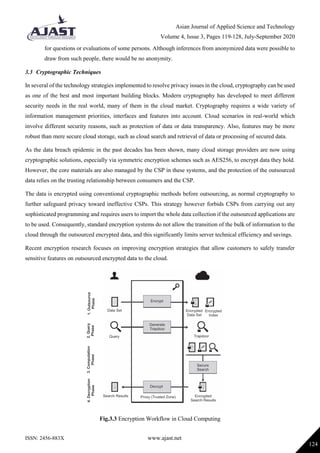 Asian Journal of Applied Science and Technology
Volume 4, Issue 3, Pages 119-128, July-September 2020
ISSN: 2456-883X www.ajast.net
124
for questions or evaluations of some persons. Although inferences from anonymized data were possible to
draw from such people, there would be no anonymity.
3.3 Cryptographic Techniques
In several of the technology strategies implemented to resolve privacy issues in the cloud, cryptography can be used
as one of the best and most important building blocks. Modern cryptography has developed to meet different
security needs in the real world, many of them in the cloud market. Cryptography requires a wide variety of
information management priorities, interfaces and features into account. Cloud scenarios in real-world which
involve different security reasons, such as protection of data or data transparency. Also, features may be more
robust than mere secure cloud storage, such as cloud search and retrieval of data or processing of secured data.
As the data breach epidemic in the past decades has been shown, many cloud storage providers are now using
cryptographic solutions, especially via symmetric encryption schemes such as AES256, to encrypt data they hold.
However, the core materials are also managed by the CSP in these systems, and the protection of the outsourced
data relies on the trusting relationship between consumers and the CSP.
The data is encrypted using conventional cryptographic methods before outsourcing, as normal cryptography to
further safeguard privacy toward ineffective CSPs. This strategy however forbids CSPs from carrying out any
sophisticated programming and requires users to import the whole data collection if the outsourced applications are
to be used. Consequently, standard encryption systems do not allow the transition of the bulk of information to the
cloud through the outsourced encrypted data, and this significantly limits server technical efficiency and savings.
Recent encryption research focuses on improving encryption strategies that allow customers to safely transfer
sensitive features on outsourced encrypted data to the cloud.
Fig.3.3 Encryption Workflow in Cloud Computing
 