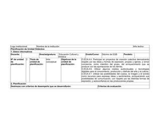 Logo institucional Nombre de la institución Año lectivo
Planificación de Unidad Didáctica
1. Datos informativos
Docente: Área/asignatura: Educación Cultural y
Artística
Grado/Curso: Décimo de EGB Paralelo:
Nº de unidad
de
planificación:
2 Título de
unidad de
planificación:
Arte
conceptual
Objetivos de la
unidad de
planificación:
O.ECA.4.4. Participar en proyectos de creación colectiva demostrando
respeto por las ideas y formas de expresión, propias y ajenas, y tomar
conciencia, como miembro del grupo, del enriquecimiento que se
produce con las aportaciones de los demás.
O.ECA.4.6. Utilizar algunos medios audiovisuales y tecnologías
digitales para el conocimiento, producción y disfrute del arte y la cultura.
O.ECA.4.7. Utilizar las posibilidades del cuerpo, la imagen y el sonido
como recursos para expresar ideas y sentimientos, enriqueciendo sus
posibilidades de comunicación, con respeto por las distintas formas de
expresión, y autoconfianza en las producciones propias.
2. Planificación
Destrezas con criterios de desempeño que se desarrollarán: Criterios de evaluación
 