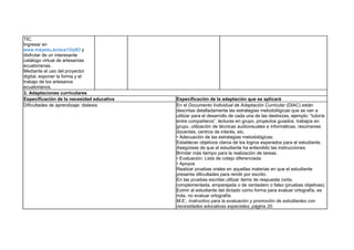 TIC.
Ingresar en
www.mayedu.ec/eca10/p83 y
disfrutar de un interesante
catálogo virtual de artesanías
ecuatorianas.
Mediante el uso del proyector
digital, exponer la forma y el
trabajo de los artesanos
ecuatorianos.
3. Adaptaciones curriculares
Especificación de la necesidad educativa Especificación de la adaptación que se aplicará
Dificultades de aprendizaje: dislexia En el Documento Individual de Adaptación Curricular (DIAC) están
descritas detalladamente las estrategias metodológicas que se van a
utilizar para el desarrollo de cada una de las destrezas, ejemplo: “tutoría
entre compañeros”, lecturas en grupo, proyectos guiados, trabajos en
grupo, utilización de técnicas audiovisuales e informáticas, resúmenes
docentes, centros de interés, etc.
• Adecuación de las estrategias metodológicas:
Establecer objetivos claros de los logros esperados para el estudiante.
Asegúrese de que el estudiante ha entendido las instrucciones.
Brindar más tiempo para la realización de tareas.
• Evaluación: Lista de cotejo diferenciada
• Apoyos
Realizar pruebas orales en aquellas materias en que el estudiante
presenta dificultades para rendir por escrito.
En las pruebas escritas utilizar ítems de respuesta corta,
complementada, emparejada o de verdadero o falso (pruebas objetivas).
Eximir al estudiante del dictado como forma para evaluar ortografía, es
más, no evaluar ortografía.
M.E., Instructivo para la evaluación y promoción de estudiantes con
necesidades educativas especiales, página 20.
 