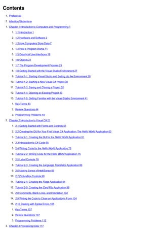 Contents
1. Preface xiii
2. Attention Students xx
1. Chapter 1 Introduction to Computers and Programming 1
1. 1.1 Introduction 1
2. 1.2 Hardware and Software 2
3. 1.3 How Computers Store Data 7
4. 1.4 How a Program Works 11
5. 1.5 Graphical User Interfaces 18
6. 1.6 Objects 21
7. 1.7 The Program Development Process 23
8. 1.8 Getting Started with the Visual Studio Environment 27
9. Tutorial 1-1: Starting Visual Studio and Setting Up the Environment 28
10. Tutorial 1-2: Starting a New Visual C# Project 30
11. Tutorial 1-3: Saving and Closing a Project 32
12. Tutorial 1-4: Opening an Existing Project 40
13. Tutorial 1-5: Getting Familiar with the Visual Studio Environment 41
1. Key Terms 43
2. Review Questions 44
3. Programming Problems 49
2. Chapter 2 Introduction to Visual C# 51
1. 2.1 Getting Started with Forms and Controls 51
2. 2.2 Creating the GUIfor Your First Visual C# Application: The Hello World Application 60
3. Tutorial 2-1: Creating the GUIfor the Hello World Application 61
4. 2.3 Introduction to C# Code 65
5. 2.4 Writing Code for the Hello World Application 75
6. Tutorial 2-2: Writing Code for the Hello World Application 75
7. 2.5 Label Controls 78
8. Tutorial 2-3: Creating the Language Translator Application 86
9. 2.6 Making Sense of IntelliSense 89
10. 2.7 PictureBox Controls 90
11. Tutorial 2-4: Creating the Flags Application 94
12. Tutorial 2-5: Creating the Card Flip Application 98
13. 2.8 Comments, Blank Lines, and Indentation 102
14. 2.9 Writing the Code to Close an Application’s Form 104
15. 2.10 Dealing with Syntax Errors 105
1. Key Terms 107
2. Review Questions 107
3. Programming Problems 112
3. Chapter 3 Processing Data 117
 