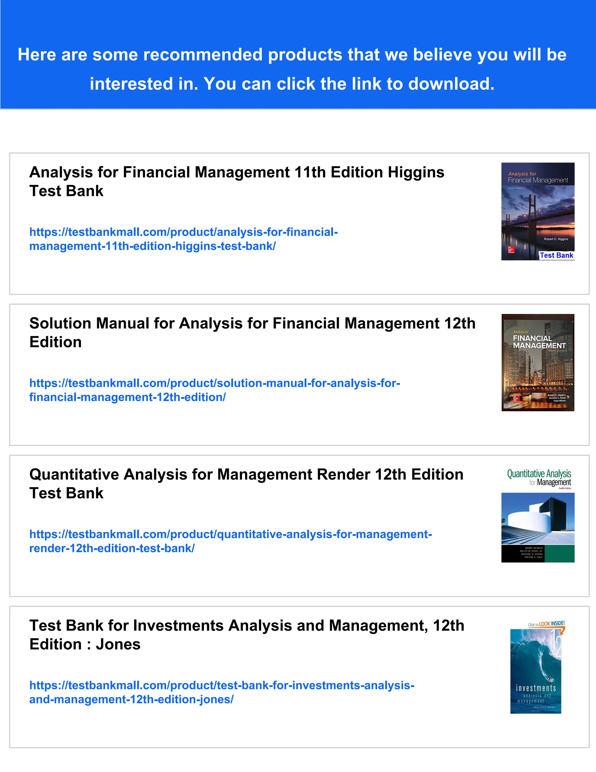 Test Bank for Analysis for Financial Management 12th Edition