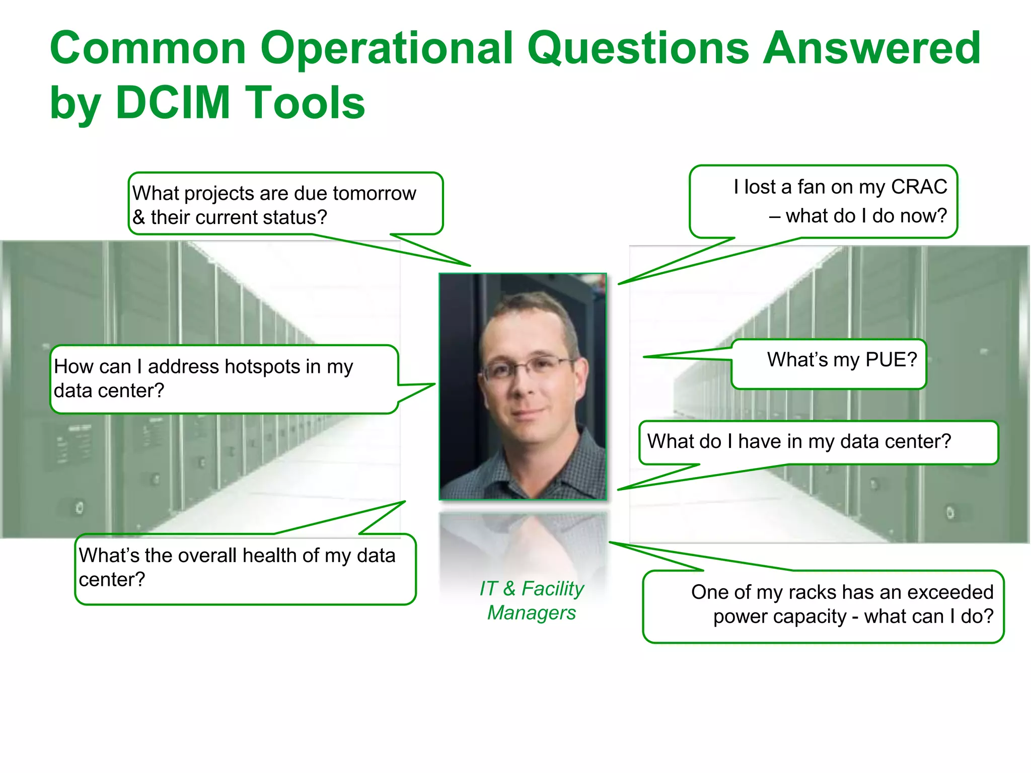 Common Operational Questions Answered
by DCIM Tools
        What projects are due tomorrow                            I lost a fan on my CRAC
        & their current status?                                        – what do I do now?




How can I address hotspots in my                                     What’s my PUE?
data center?

                                                         What do I have in my data center?




  What’s the overall health of my data
  center?                                IT & Facility       One of my racks has an exceeded
                                          Managers             power capacity - what can I do?
 