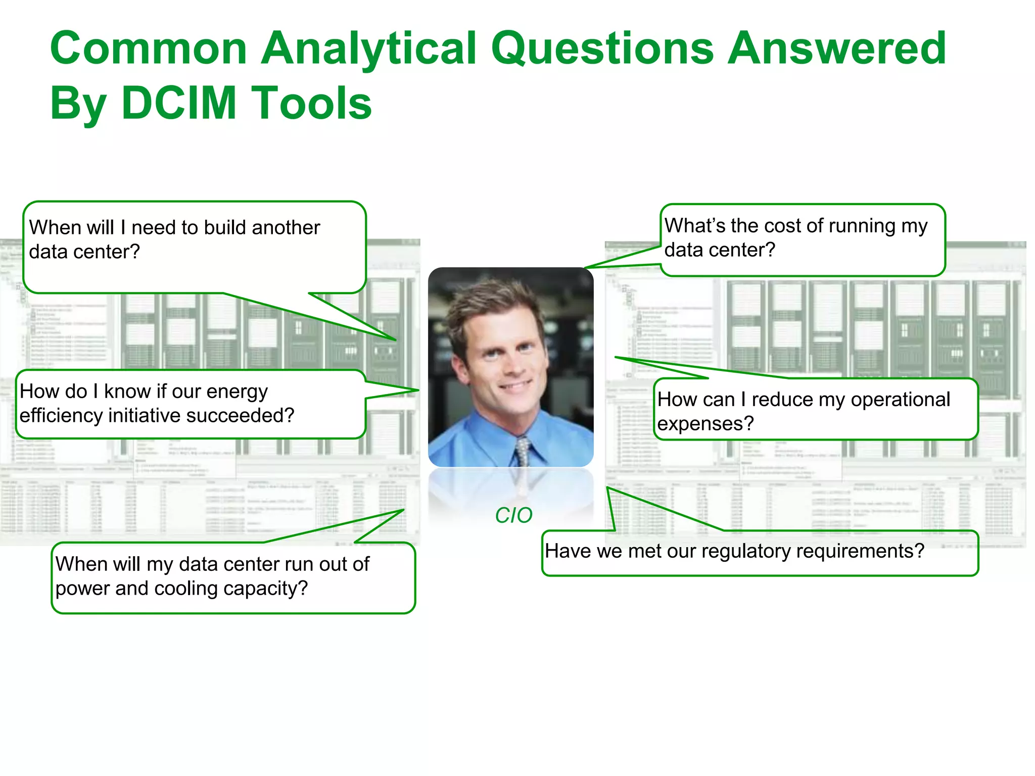 Common Analytical Questions Answered
   By DCIM Tools

 When will I need to build another                          What’s the cost of running my
 data center?                                               data center?




How do I know if our energy                                How can I reduce my operational
efficiency initiative succeeded?                           expenses?



                                          CIO
                                                Have we met our regulatory requirements?
    When will my data center run out of
    power and cooling capacity?
 