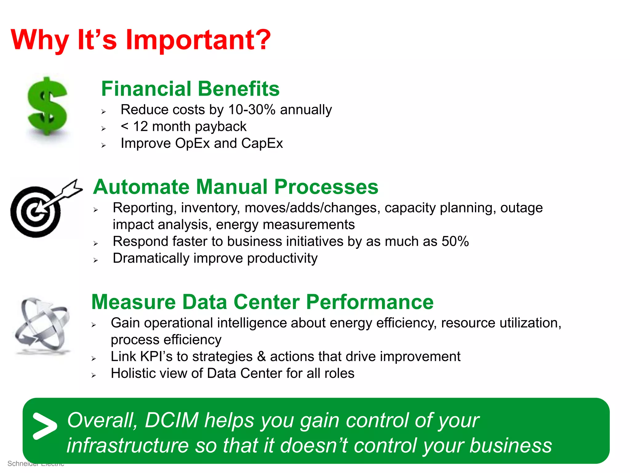 Why It’s Important?
                            Financial Benefits
                                Reduce costs by 10-30% annually
                                < 12 month payback
                                Improve OpEx and CapEx


                        Automate Manual Processes
                               Reporting, inventory, moves/adds/changes, capacity planning, outage
                                impact analysis, energy measurements
                               Respond faster to business initiatives by as much as 50%
                               Dramatically improve productivity


                       Measure Data Center Performance
                               Gain operational intelligence about energy efficiency, resource utilization,
                                process efficiency
                               Link KPI’s to strategies & actions that drive improvement
                               Holistic view of Data Center for all roles


                     Overall, DCIM helps you gain control of your
                     infrastructure so that it doesn’t control your business!
Schneider Electric
 