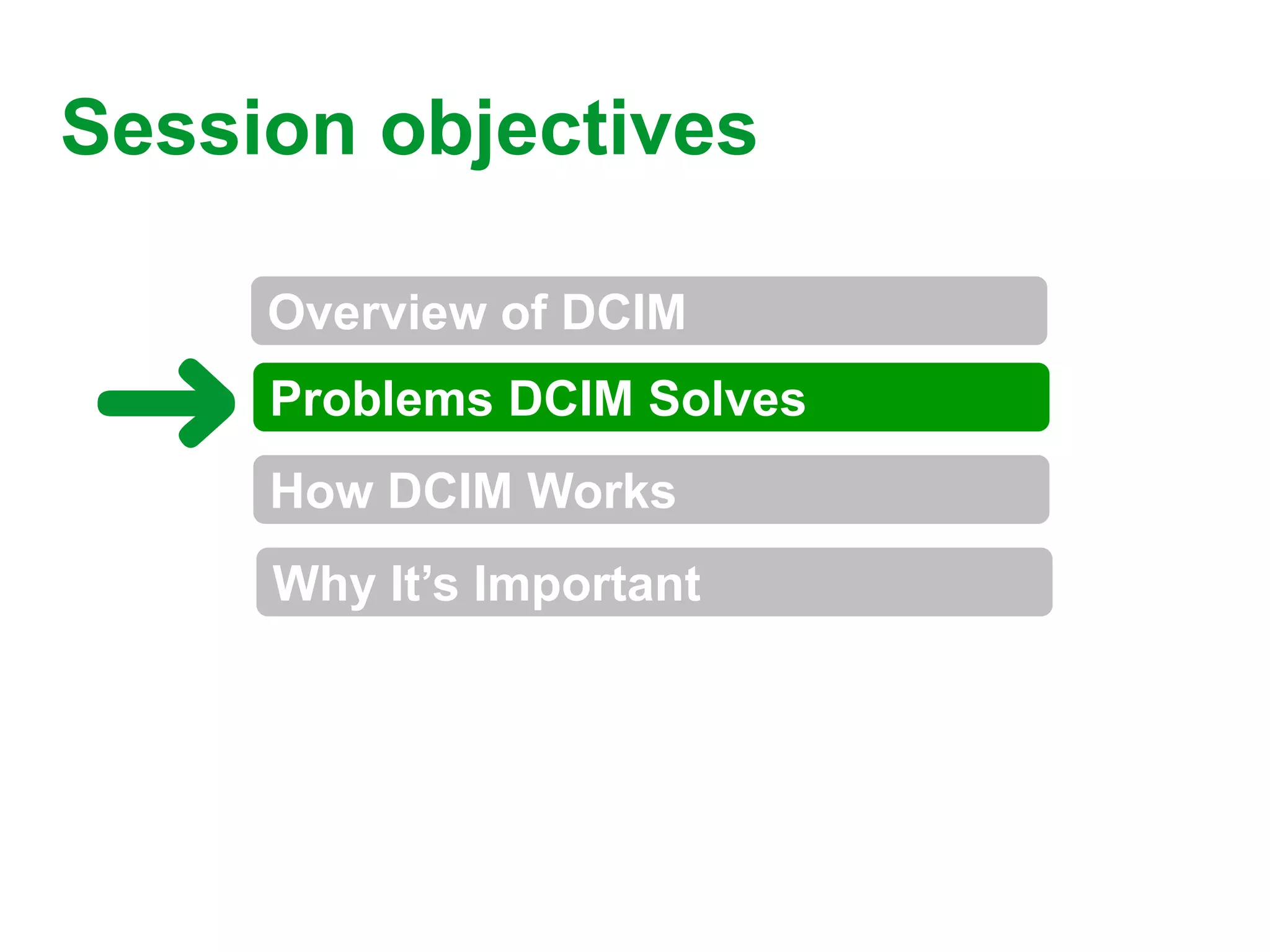 Session objectives

     Overview of DCIM
     Problems DCIM Solves
     How DCIM Works
     Why It’s Important
 