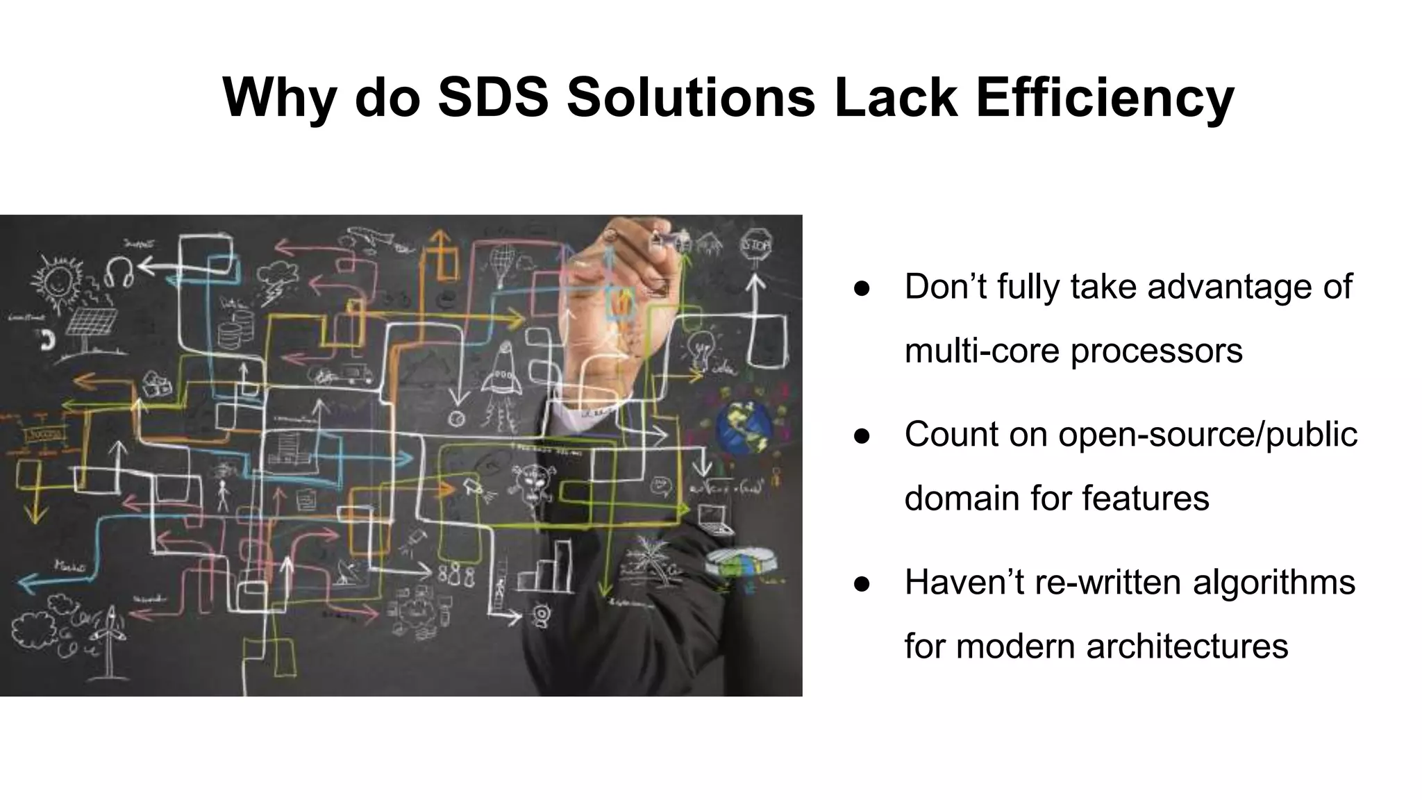 ● Don’t fully take advantage of
multi-core processors
● Count on open-source/public
domain for features
● Haven’t re-written algorithms
for modern architectures
Why do SDS Solutions Lack Efficiency
 