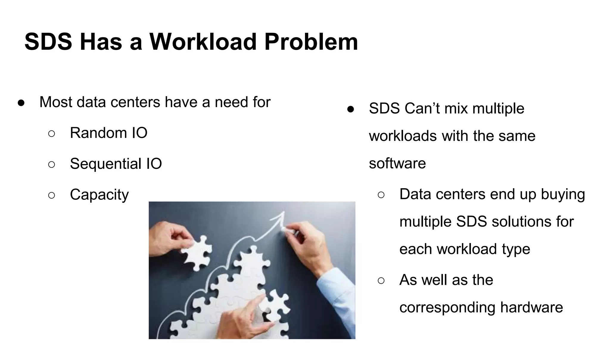 ● Most data centers have a need for
○ Random IO
○ Sequential IO
○ Capacity
SDS Has a Workload Problem
● SDS Can’t mix multiple
workloads with the same
software
○ Data centers end up buying
multiple SDS solutions for
each workload type
○ As well as the
corresponding hardware
 