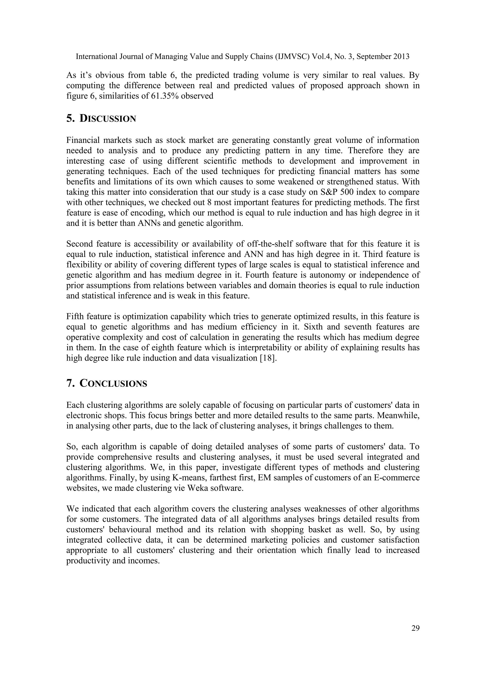 International Journal of Managing Value and Supply Chains (IJMVSC) Vol.4, No. 3, September 2013
29
As it’s obvious from table 6, the predicted trading volume is very similar to real values. By
computing the difference between real and predicted values of proposed approach shown in
figure 6, similarities of 61.35% observed
5. DISCUSSION
Financial markets such as stock market are generating constantly great volume of information
needed to analysis and to produce any predicting pattern in any time. Therefore they are
interesting case of using different scientific methods to development and improvement in
generating techniques. Each of the used techniques for predicting financial matters has some
benefits and limitations of its own which causes to some weakened or strengthened status. With
taking this matter into consideration that our study is a case study on S&P 500 index to compare
with other techniques, we checked out 8 most important features for predicting methods. The first
feature is ease of encoding, which our method is equal to rule induction and has high degree in it
and it is better than ANNs and genetic algorithm.
Second feature is accessibility or availability of off-the-shelf software that for this feature it is
equal to rule induction, statistical inference and ANN and has high degree in it. Third feature is
flexibility or ability of covering different types of large scales is equal to statistical inference and
genetic algorithm and has medium degree in it. Fourth feature is autonomy or independence of
prior assumptions from relations between variables and domain theories is equal to rule induction
and statistical inference and is weak in this feature.
Fifth feature is optimization capability which tries to generate optimized results, in this feature is
equal to genetic algorithms and has medium efficiency in it. Sixth and seventh features are
operative complexity and cost of calculation in generating the results which has medium degree
in them. In the case of eighth feature which is interpretability or ability of explaining results has
high degree like rule induction and data visualization [18].
7. CONCLUSIONS
Each clustering algorithms are solely capable of focusing on particular parts of customers' data in
electronic shops. This focus brings better and more detailed results to the same parts. Meanwhile,
in analysing other parts, due to the lack of clustering analyses, it brings challenges to them.
So, each algorithm is capable of doing detailed analyses of some parts of customers' data. To
provide comprehensive results and clustering analyses, it must be used several integrated and
clustering algorithms. We, in this paper, investigate different types of methods and clustering
algorithms. Finally, by using K-means, farthest first, EM samples of customers of an E-commerce
websites, we made clustering vie Weka software.
We indicated that each algorithm covers the clustering analyses weaknesses of other algorithms
for some customers. The integrated data of all algorithms analyses brings detailed results from
customers' behavioural method and its relation with shopping basket as well. So, by using
integrated collective data, it can be determined marketing policies and customer satisfaction
appropriate to all customers' clustering and their orientation which finally lead to increased
productivity and incomes.
 