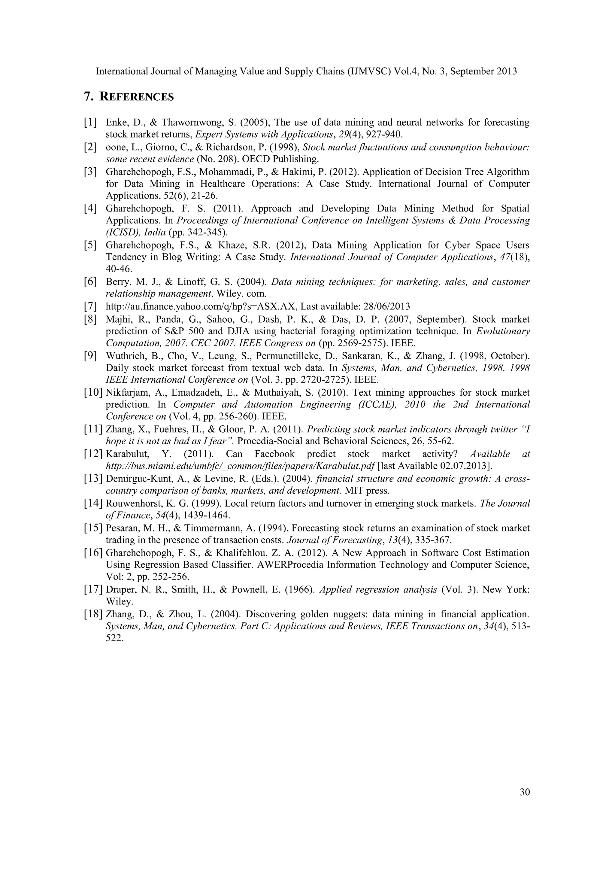 International Journal of Managing Value and Supply Chains (IJMVSC) Vol.4, No. 3, September 2013
30
7. REFERENCES
[1] Enke, D., & Thawornwong, S. (2005), The use of data mining and neural networks for forecasting
stock market returns, Expert Systems with Applications, 29(4), 927-940.
[2] oone, L., Giorno, C., & Richardson, P. (1998), Stock market fluctuations and consumption behaviour:
some recent evidence (No. 208). OECD Publishing.
[3] Gharehchopogh, F.S., Mohammadi, P., & Hakimi, P. (2012). Application of Decision Tree Algorithm
for Data Mining in Healthcare Operations: A Case Study. International Journal of Computer
Applications, 52(6), 21-26.
[4] Gharehchopogh, F. S. (2011). Approach and Developing Data Mining Method for Spatial
Applications. In Proceedings of International Conference on Intelligent Systems & Data Processing
(ICISD), India (pp. 342-345).
[5] Gharehchopogh, F.S., & Khaze, S.R. (2012), Data Mining Application for Cyber Space Users
Tendency in Blog Writing: A Case Study. International Journal of Computer Applications, 47(18),
40-46.
[6] Berry, M. J., & Linoff, G. S. (2004). Data mining techniques: for marketing, sales, and customer
relationship management. Wiley. com.
[7] http://au.finance.yahoo.com/q/hp?s=ASX.AX, Last available: 28/06/2013
[8] Majhi, R., Panda, G., Sahoo, G., Dash, P. K., & Das, D. P. (2007, September). Stock market
prediction of S&P 500 and DJIA using bacterial foraging optimization technique. In Evolutionary
Computation, 2007. CEC 2007. IEEE Congress on (pp. 2569-2575). IEEE.
[9] Wuthrich, B., Cho, V., Leung, S., Permunetilleke, D., Sankaran, K., & Zhang, J. (1998, October).
Daily stock market forecast from textual web data. In Systems, Man, and Cybernetics, 1998. 1998
IEEE International Conference on (Vol. 3, pp. 2720-2725). IEEE.
[10] Nikfarjam, A., Emadzadeh, E., & Muthaiyah, S. (2010). Text mining approaches for stock market
prediction. In Computer and Automation Engineering (ICCAE), 2010 the 2nd International
Conference on (Vol. 4, pp. 256-260). IEEE.
[11] Zhang, X., Fuehres, H., & Gloor, P. A. (2011). Predicting stock market indicators through twitter “I
hope it is not as bad as I fear”. Procedia-Social and Behavioral Sciences, 26, 55-62.
[12] Karabulut, Y. (2011). Can Facebook predict stock market activity? Available at
http://bus.miami.edu/umbfc/_common/files/papers/Karabulut.pdf [last Available 02.07.2013].
[13] Demirguc-Kunt, A., & Levine, R. (Eds.). (2004). financial structure and economic growth: A cross-
country comparison of banks, markets, and development. MIT press.
[14] Rouwenhorst, K. G. (1999). Local return factors and turnover in emerging stock markets. The Journal
of Finance, 54(4), 1439-1464.
[15] Pesaran, M. H., & Timmermann, A. (1994). Forecasting stock returns an examination of stock market
trading in the presence of transaction costs. Journal of Forecasting, 13(4), 335-367.
[16] Gharehchopogh, F. S., & Khalifehlou, Z. A. (2012). A New Approach in Software Cost Estimation
Using Regression Based Classifier. AWERProcedia Information Technology and Computer Science,
Vol: 2, pp. 252-256.
[17] Draper, N. R., Smith, H., & Pownell, E. (1966). Applied regression analysis (Vol. 3). New York:
Wiley.
[18] Zhang, D., & Zhou, L. (2004). Discovering golden nuggets: data mining in financial application.
Systems, Man, and Cybernetics, Part C: Applications and Reviews, IEEE Transactions on, 34(4), 513-
522.
 