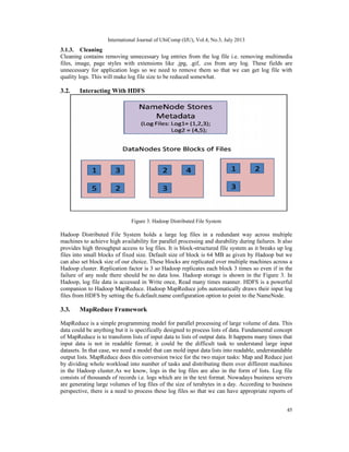 International Journal of UbiComp (IJU), Vol.4, No.3, July 2013
45
3.1.3. Cleaning
Cleaning contains removing unnecessary log entries from the log file i.e. removing multimedia
files, image, page styles with extensions like .jpg, .gif, .css from any log. These fields are
unnecessary for application logs so we need to remove them so that we can get log file with
quality logs. This will make log file size to be reduced somewhat.
3.2. Interacting With HDFS
Figure 3. Hadoop Distributed File System
Hadoop Distributed File System holds a large log files in a redundant way across multiple
machines to achieve high availability for parallel processing and durability during failures. It also
provides high throughput access to log files. It is block-structured file system as it breaks up log
files into small blocks of fixed size. Default size of block is 64 MB as given by Hadoop but we
can also set block size of our choice. These blocks are replicated over multiple machines across a
Hadoop cluster. Replication factor is 3 so Hadoop replicates each block 3 times so even if in the
failure of any node there should be no data loss. Hadoop storage is shown in the Figure 3. In
Hadoop, log file data is accessed in Write once, Read many times manner. HDFS is a powerful
companion to Hadoop MapReduce. Hadoop MapReduce jobs automatically draws their input log
files from HDFS by setting the fs.default.name configuration option to point to the NameNode.
3.3. MapReduce Framework
MapReduce is a simple programming model for parallel processing of large volume of data. This
data could be anything but it is specifically designed to process lists of data. Fundamental concept
of MapReduce is to transform lists of input data to lists of output data. It happens many times that
input data is not in readable format; it could be the difficult task to understand large input
datasets. In that case, we need a model that can mold input data lists into readable, understandable
output lists. MapReduce does this conversion twice for the two major tasks: Map and Reduce just
by dividing whole workload into number of tasks and distributing them over different machines
in the Hadoop cluster.As we know, logs in the log files are also in the form of lists. Log file
consists of thousands of records i.e. logs which are in the text format. Nowadays business servers
are generating large volumes of log files of the size of terabytes in a day. According to business
perspective, there is a need to process these log files so that we can have appropriate reports of
 
