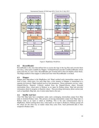 International Journal of UbiComp (IJU), Vol.4, No.3, July 2013
48
Figure 6. MapReduce WorkFlow
4.2. RecordReader
RecordReader is the class that defines how to access the logs in the log files and converts them
into (Key, value) pairs readable by Mapper. TextInputFormat provides LineRecordReader which
treats each line as a new value. RecordReader gets invoked until it does not deplete whole block.
The Map() method of the mapper is called each time when RecordReader is invoked.
4.3. Mapper
Mapper does Map phase in the MapReduce job. Map() method emits intermediate output in the
form of (key, value) pairs. For each Map task, a new instance of Mapper is instantiated in a
separate java process. Map() method receives four parameters. Theses parameters are key, value,
OutputCollector, Reporter. Collect() method from the OutputCollector object forwards
intermediate (Key, value) pairs to Reducer as an input for Reduce phase. Map task provides
information about its progress to Reporter object. Thus providing information about current task
such as InputSplit, Map task, also it emits status back to the user.
4.4. Shuffle And Sort
After first Map tasks have completed, nodes starts exchanging intermediate output from Map
tasks to destined Reduce tasks. This process of moving intermediate output from Map tasks to
Reduce tasks as an input is called as shuffling. This is the only communication step in
MapReduce. Before putting these (key, value) pairs as an input to Reducers; Hadoop groups all
the values for the same key no matter where they come from. Such partitioned data is then
assigned to Reduce tasks.
 