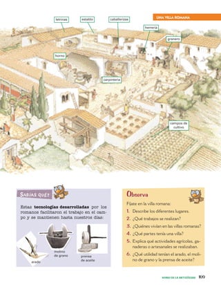 ROMA EN LA ANTIGÜEDAD 109
granja
meseta
ferrocarril
colina ciudad
bosque
llanura
campos
río
pueblo
carretera
Observa
Fíjate en la villa romana:
1. Describe los diferentes lugares.
2. ¿Qué trabajos se realizan?
3. ¿Quiénes vivían en las villas romanas?
4. ¿Qué partes tenía una villa?
5. Explica qué actividades agrícolas, ga-
naderas o artesanales se realizaban.
6. ¿Qué utilidad tenían el arado, el moli-
no de grano y la prensa de aceite?
campos de
cultivo
horno
establo caballerizas
herrería
granero
carpintería
UNA VILLA ROMANA
Estas tecnologías desarrolladas por los
romanos facilitaron el trabajo en el cam-
po y se mantienen hasta nuestros días:
arado
molino
de grano prensa
de aceite
SabíaS Qué?
letrinas
 