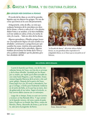 3. GRECIA Y ROMA, Y SU CULTURA CLÁSICA
LOS GRIEGOS NOS ENSEÑAN A PENSAR
El mundo de las ideas es uno de los grandes
legados que nos dejaron los griegos. Por eso de-
cimos que Grecia es la cuna del pensamiento.
Antiguamente, antes de ellos, se creía que
cualquier fenómeno de la naturaleza era obra
de los dioses: si llovía o salía el sol; si las plantas
daban frutos o se secaban; si la tierra temblaba
o el mar estaba en calma; el día y la noche; la
vida y la muerte… Todo era obra de los dioses.
Algunos pensadores y filósofos griegos busca-
ron una explicación lógica a lo que sucedía a su
alrededor: comenzaron a preguntarse por qué
sucedían las cosas, mientras otros pensadores
buscaban el origen de la naturaleza. Algunos
trataban de encontrar los límites de la Tierra y
otros pudieron establecer que los planetas gira-
ban alrededor del Sol.
124 TEMA 7
UNA LEYENDA GRECO-ROMANA
Cuenta la leyenda que Eneas, uno de los más
valientes héroes de Troya, era hijo de un príncipe
y de la diosa Afrodita. Ayudado por los dioses,
por su madre, por Apolo que lo llevó envuelto en
una nube hasta Pérgamo, y por Poseidón, Eneas
siempre lograba liberarse de la prisión o de cual-
quier peligro. Después de la guerra de Troya,
Eneas logró huir con 20 naves a Macedonia, lue-
go a Cartago, a Sicilia para finalmente instalarse
en el centro de Italia, en lo que hoy es Lacio, don-
de gobernada el rey Latino. Según el oráculo, su
hija Lavinia debía casarse con un extranjero.
Luego de un tiempo, Eneas se casó con Lavinia
y tuvieron un hijo llamado Silvio. Y aquí comien-
za la leyenda romana, tal como cuenta el poeta
latino Virgilio en La Eneida: Rea Silvia, madre de
Rómulo y Remo, descendía de Eneas y, por lo tan-
to, este sería el progenitor de Roma. Eneas, héroe de Troya.
“La Escuela de Atenas”, del artista italiano Rafael
Sanzio, es una grandiosa obra inspirada en la
antigüedad clásica; es un fresco que se encuentra en el
Vaticano.
 