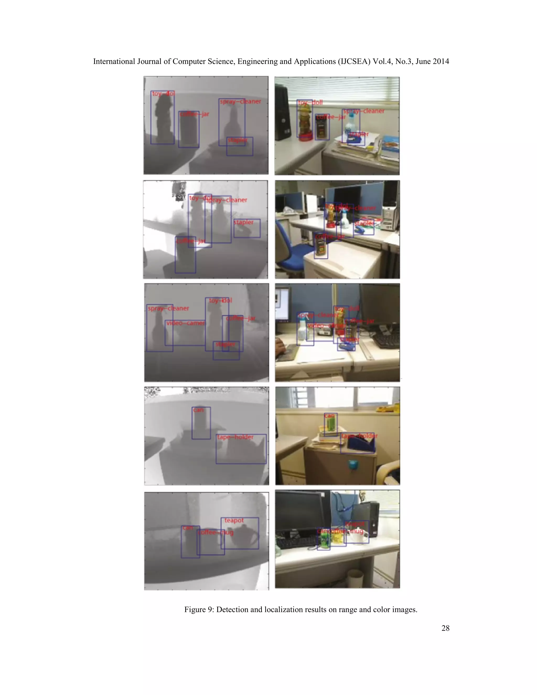 International Journal of Computer Science, Engineering and Applications (IJCSEA) Vol.4, No.3, June 2014 28 Figure 9: Detection and localization results on range and color images. 