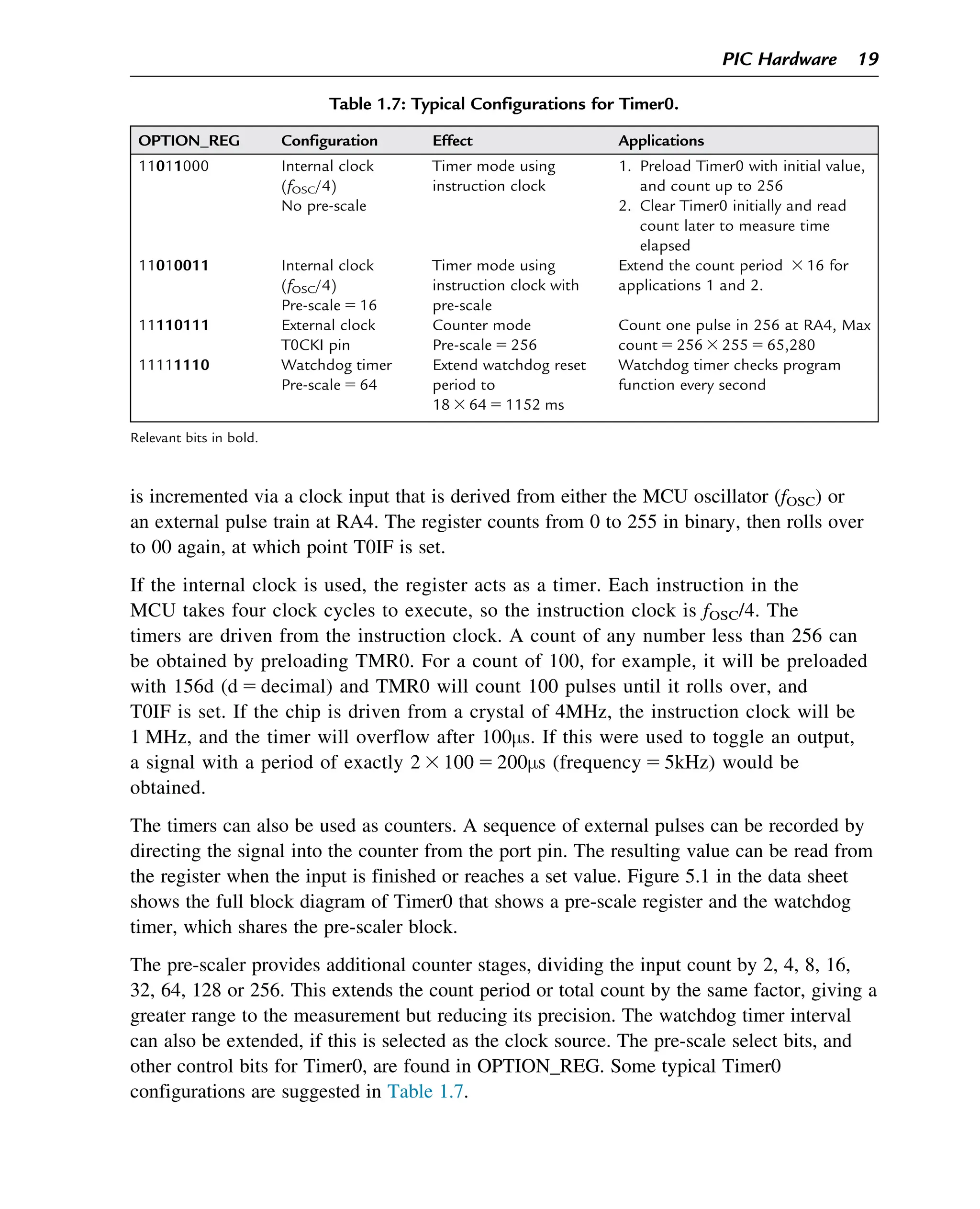 is incremented via a clock input that is derived from either the MCU oscillator (fOSC) or
an external pulse train at RA4. The register counts from 0 to 255 in binary, then rolls over
to 00 again, at which point T0IF is set.
If the internal clock is used, the register acts as a timer. Each instruction in the
MCU takes four clock cycles to execute, so the instruction clock is fOSC/4. The
timers are driven from the instruction clock. A count of any number less than 256 can
be obtained by preloading TMR0. For a count of 100, for example, it will be preloaded
with 156d (d 5 decimal) and TMR0 will count 100 pulses until it rolls over, and
T0IF is set. If the chip is driven from a crystal of 4MHz, the instruction clock will be
1 MHz, and the timer will overflow after 100μs. If this were used to toggle an output,
a signal with a period of exactly 2 3 100 5 200μs (frequency 5 5kHz) would be
obtained.
The timers can also be used as counters. A sequence of external pulses can be recorded by
directing the signal into the counter from the port pin. The resulting value can be read from
the register when the input is finished or reaches a set value. Figure 5.1 in the data sheet
shows the full block diagram of Timer0 that shows a pre-scale register and the watchdog
timer, which shares the pre-scaler block.
The pre-scaler provides additional counter stages, dividing the input count by 2, 4, 8, 16,
32, 64, 128 or 256. This extends the count period or total count by the same factor, giving a
greater range to the measurement but reducing its precision. The watchdog timer interval
can also be extended, if this is selected as the clock source. The pre-scale select bits, and
other control bits for Timer0, are found in OPTION_REG. Some typical Timer0
configurations are suggested in Table 1.7.
Table 1.7: Typical Configurations for Timer0.
OPTION_REG Configuration Effect Applications
11011000 Internal clock
(fOSC/4)
No pre-scale
Timer mode using
instruction clock
1. Preload Timer0 with initial value,
and count up to 256
2. Clear Timer0 initially and read
count later to measure time
elapsed
11010011 Internal clock
(fOSC/4)
Pre-scale 5 16
Timer mode using
instruction clock with
pre-scale
Extend the count period 3 16 for
applications 1 and 2.
11110111 External clock
T0CKI pin
Counter mode
Pre-scale 5 256
Count one pulse in 256 at RA4, Max
count 5 256 3 255 5 65,280
11111110 Watchdog timer
Pre-scale 5 64
Extend watchdog reset
period to
18 3 64 5 1152 ms
Watchdog timer checks program
function every second
Relevant bits in bold.
PIC Hardware 19
 