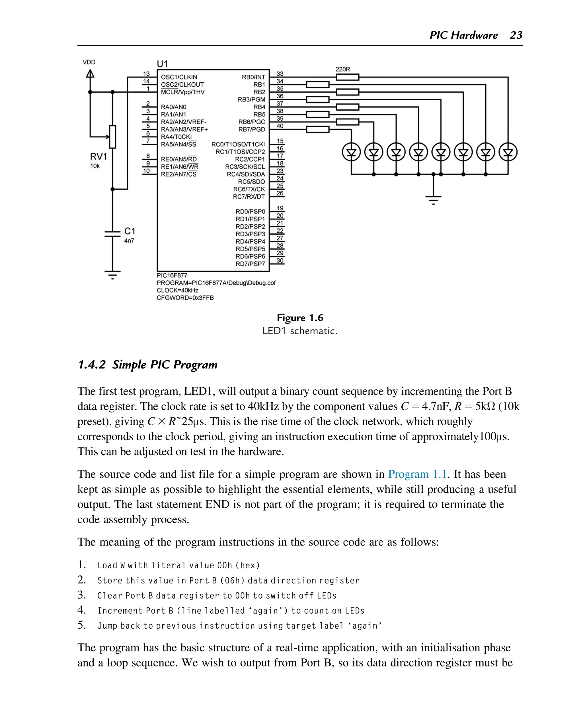 1.4.2 Simple PIC Program
The first test program, LED1, will output a binary count sequence by incrementing the Port B
data register. The clock rate is set to 40kHz by the component values C 5 4.7nF, R 5 5kΩ (10k
preset), giving C 3 R~25μs. This is the rise time of the clock network, which roughly
corresponds to the clock period, giving an instruction execution time of approximately100μs.
This can be adjusted on test in the hardware.
The source code and list file for a simple program are shown in Program 1.1. It has been
kept as simple as possible to highlight the essential elements, while still producing a useful
output. The last statement END is not part of the program; it is required to terminate the
code assembly process.
The meaning of the program instructions in the source code are as follows:
1. Load W with literal value 00h (hex)
2. Store this value in Port B (06h) data direction register
3. Clear Port B data register to 00h to switch off LEDs
4. Increment Port B (line labelled ‘again’) to count on LEDs
5. Jump back to previous instruction using target label ‘again’
The program has the basic structure of a real-time application, with an initialisation phase
and a loop sequence. We wish to output from Port B, so its data direction register must be
Figure 1.6
LED1 schematic.
PIC Hardware 23
 