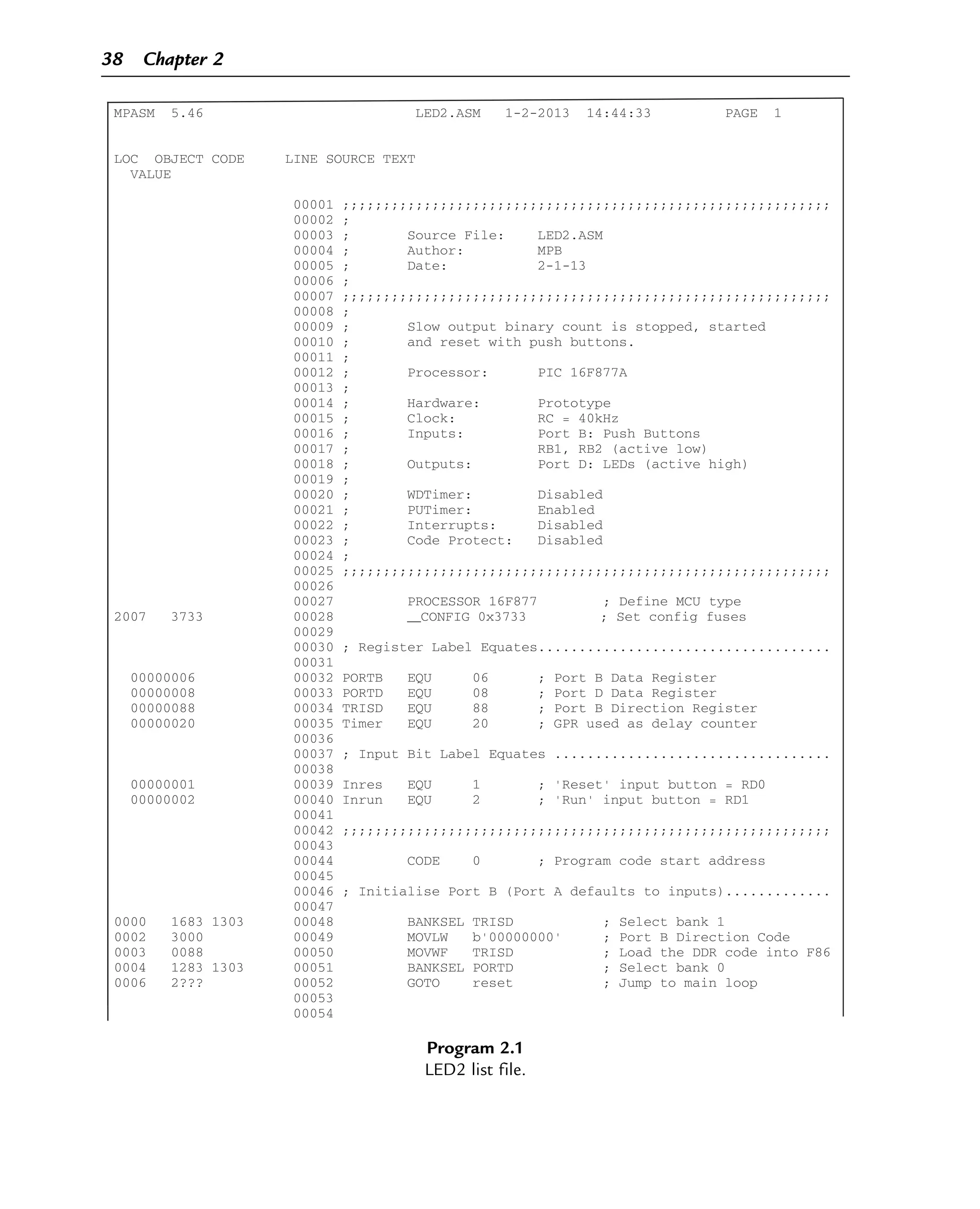 MPASM 5.46 LED2.ASM 1-2-2013 14:44:33 PAGE 1
LOC OBJECT CODE LINE SOURCE TEXT
VALUE
00001 ;;;;;;;;;;;;;;;;;;;;;;;;;;;;;;;;;;;;;;;;;;;;;;;;;;;;;;;;;;;;
00002 ;
00003 ; Source File: LED2.ASM
00004 ; Author: MPB
00005 ; Date: 2-1-13
00006 ;
00007 ;;;;;;;;;;;;;;;;;;;;;;;;;;;;;;;;;;;;;;;;;;;;;;;;;;;;;;;;;;;;
00008 ;
00009 ; Slow output binary count is stopped, started
00010 ; and reset with push buttons.
00011 ;
00012 ; Processor: PIC 16F877A
00013 ;
00014 ; Hardware: Prototype
00015 ; Clock: RC = 40kHz
00016 ; Inputs: Port B: Push Buttons
00017 ; RB1, RB2 (active low)
00018 ; Outputs: Port D: LEDs (active high)
00019 ;
00020 ; WDTimer: Disabled
00021 ; PUTimer: Enabled
00022 ; Interrupts: Disabled
00023 ; Code Protect: Disabled
00024 ;
00025 ;;;;;;;;;;;;;;;;;;;;;;;;;;;;;;;;;;;;;;;;;;;;;;;;;;;;;;;;;;;;
00026
00027 PROCESSOR 16F877 ; Define MCU type
2007 3733 00028 __CONFIG 0x3733 ; Set config fuses
00029
00030 ; Register Label Equates....................................
00031
00000006 00032 PORTB EQU 06 ; Port B Data Register
00000008 00033 PORTD EQU 08 ; Port D Data Register
00000088 00034 TRISD EQU 88 ; Port B Direction Register
00000020 00035 Timer EQU 20 ; GPR used as delay counter
00036
00037 ; Input Bit Label Equates ..................................
00038
00000001 00039 Inres EQU 1 ; 'Reset' input button = RD0
00000002 00040 Inrun EQU 2 ; 'Run' input button = RD1
00041
00042 ;;;;;;;;;;;;;;;;;;;;;;;;;;;;;;;;;;;;;;;;;;;;;;;;;;;;;;;;;;;;
00043
00044 CODE 0 ; Program code start address
00045
00046 ; Initialise Port B (Port A defaults to inputs).............
00047
0000 1683 1303 00048 BANKSEL TRISD ; Select bank 1
0002 3000 00049 MOVLW b'00000000' ; Port B Direction Code
0003 0088 00050 MOVWF TRISD ; Load the DDR code into F86
0004 1283 1303 00051 BANKSEL PORTD ; Select bank 0
0006 2??? 00052 GOTO reset ; Jump to main loop
00053
00054
Program 2.1
LED2 list file.
38 Chapter 2
 
