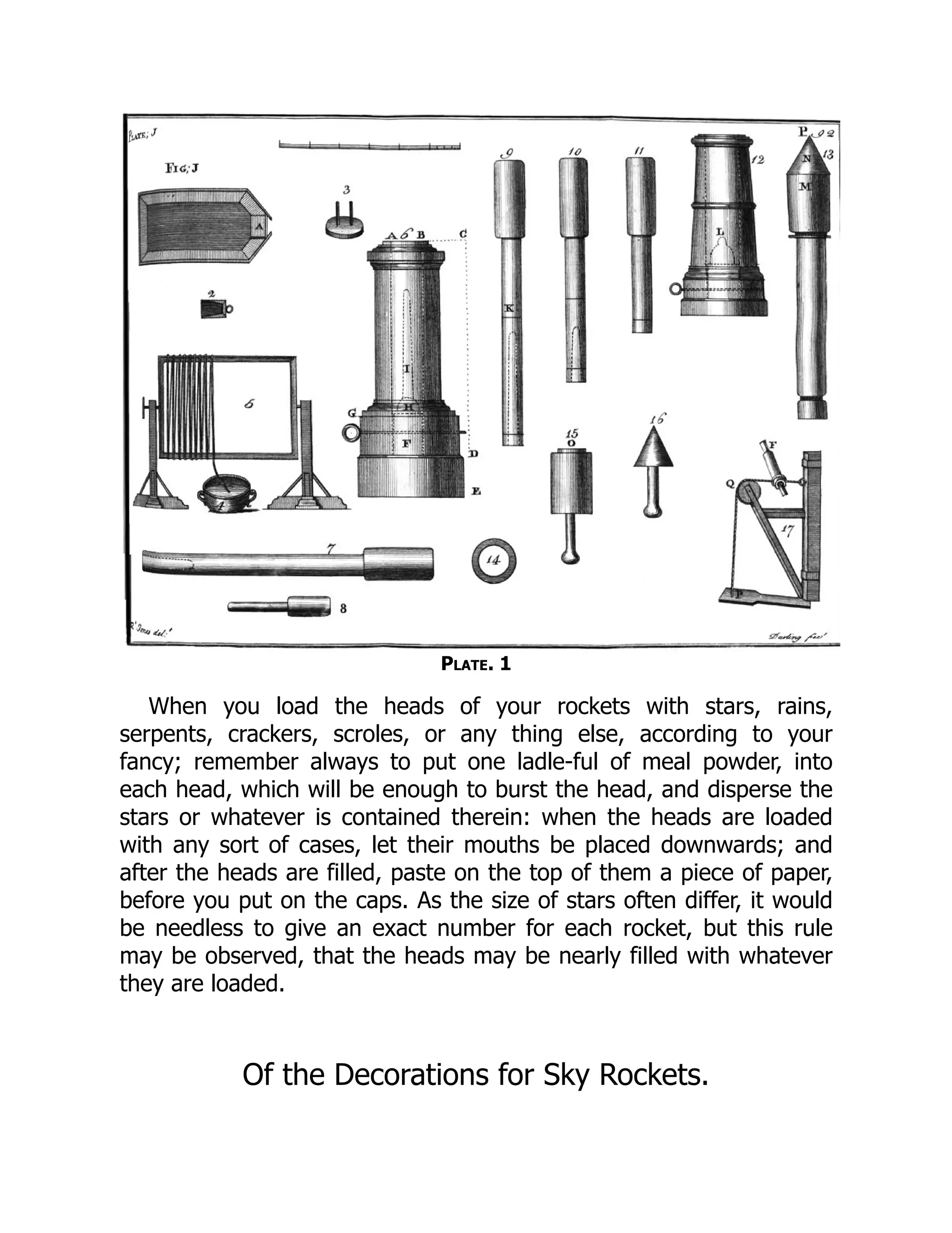 Plate. 1
When you load the heads of your rockets with stars, rains,
serpents, crackers, scroles, or any thing else, according to your
fancy; remember always to put one ladle-ful of meal powder, into
each head, which will be enough to burst the head, and disperse the
stars or whatever is contained therein: when the heads are loaded
with any sort of cases, let their mouths be placed downwards; and
after the heads are filled, paste on the top of them a piece of paper,
before you put on the caps. As the size of stars often differ, it would
be needless to give an exact number for each rocket, but this rule
may be observed, that the heads may be nearly filled with whatever
they are loaded.
Of the Decorations for Sky Rockets.
 