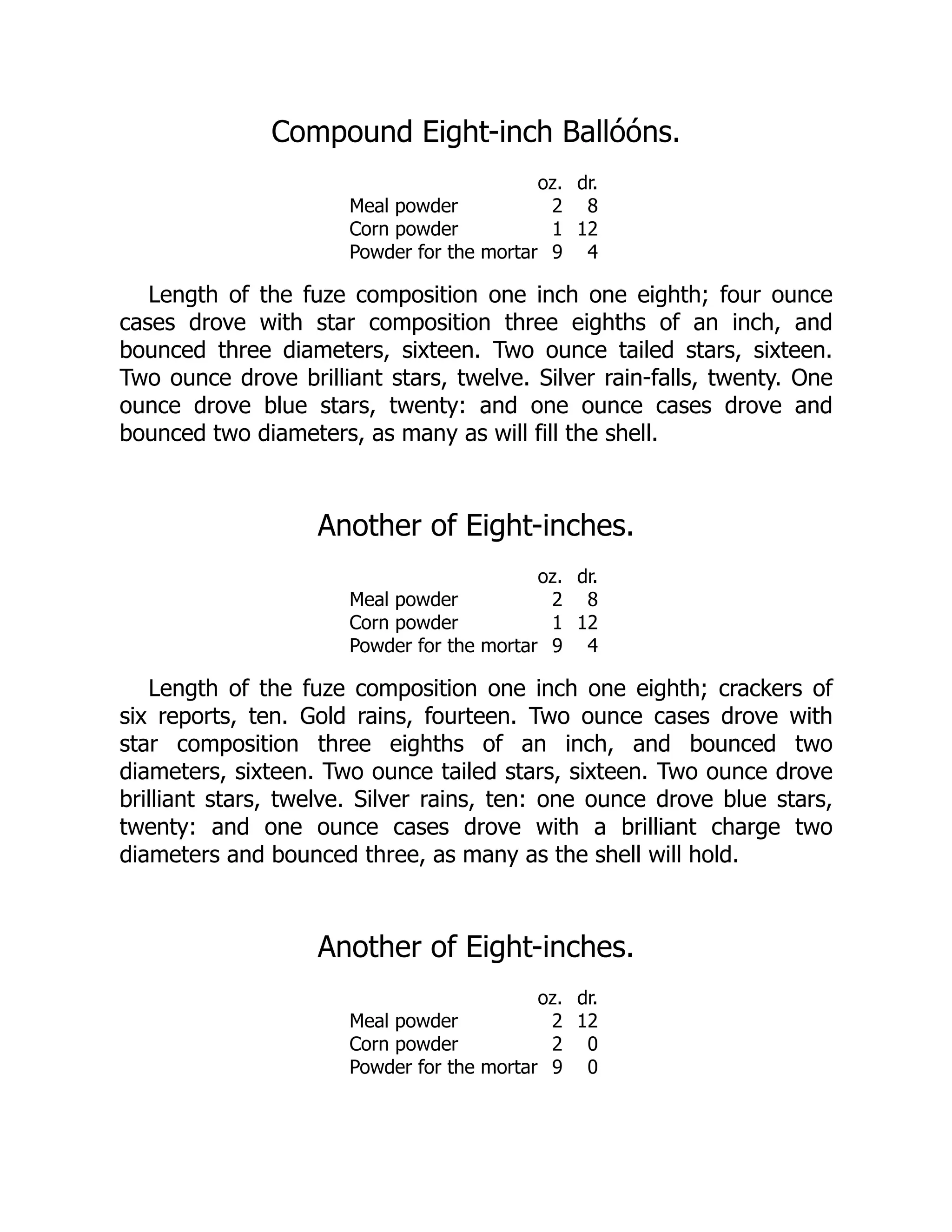 Compound Eight-inch Ballóóns.
oz. dr.
Meal powder 2 8
Corn powder 1 12
Powder for the mortar 9 4
Length of the fuze composition one inch one eighth; four ounce
cases drove with star composition three eighths of an inch, and
bounced three diameters, sixteen. Two ounce tailed stars, sixteen.
Two ounce drove brilliant stars, twelve. Silver rain-falls, twenty. One
ounce drove blue stars, twenty: and one ounce cases drove and
bounced two diameters, as many as will fill the shell.
Another of Eight-inches.
oz. dr.
Meal powder 2 8
Corn powder 1 12
Powder for the mortar 9 4
Length of the fuze composition one inch one eighth; crackers of
six reports, ten. Gold rains, fourteen. Two ounce cases drove with
star composition three eighths of an inch, and bounced two
diameters, sixteen. Two ounce tailed stars, sixteen. Two ounce drove
brilliant stars, twelve. Silver rains, ten: one ounce drove blue stars,
twenty: and one ounce cases drove with a brilliant charge two
diameters and bounced three, as many as the shell will hold.
Another of Eight-inches.
oz. dr.
Meal powder 2 12
Corn powder 2 0
Powder for the mortar 9 0
 