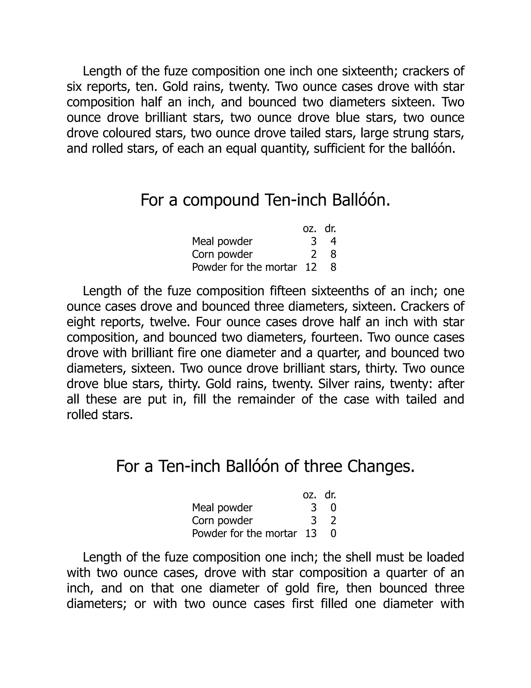 Length of the fuze composition one inch one sixteenth; crackers of
six reports, ten. Gold rains, twenty. Two ounce cases drove with star
composition half an inch, and bounced two diameters sixteen. Two
ounce drove brilliant stars, two ounce drove blue stars, two ounce
drove coloured stars, two ounce drove tailed stars, large strung stars,
and rolled stars, of each an equal quantity, sufficient for the ballóón.
For a compound Ten-inch Ballóón.
oz. dr.
Meal powder 3 4
Corn powder 2 8
Powder for the mortar 12 8
Length of the fuze composition fifteen sixteenths of an inch; one
ounce cases drove and bounced three diameters, sixteen. Crackers of
eight reports, twelve. Four ounce cases drove half an inch with star
composition, and bounced two diameters, fourteen. Two ounce cases
drove with brilliant fire one diameter and a quarter, and bounced two
diameters, sixteen. Two ounce drove brilliant stars, thirty. Two ounce
drove blue stars, thirty. Gold rains, twenty. Silver rains, twenty: after
all these are put in, fill the remainder of the case with tailed and
rolled stars.
For a Ten-inch Ballóón of three Changes.
oz. dr.
Meal powder 3 0
Corn powder 3 2
Powder for the mortar 13 0
Length of the fuze composition one inch; the shell must be loaded
with two ounce cases, drove with star composition a quarter of an
inch, and on that one diameter of gold fire, then bounced three
diameters; or with two ounce cases first filled one diameter with
 