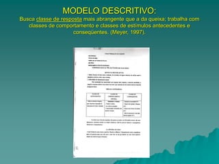 MODELO DESCRITIVO:
Busca classe de resposta mais abrangente que a da queixa; trabalha com
classes de comportamento e classes de estímulos antecedentes e
conseqüentes. (Meyer, 1997).
 