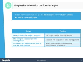 12
www.lingoda.com 12
Active Passive
We will finish the project by noon. The project will be finished by noon.
She will give a speech on time
management.
A speech will be given on time management.
An expert will demonstrate how to
use the new product.
How to use the new product will be
demonstrated by an expert.
Here is how we construct and use the passive voice with the future simple:
■ will be + past participle
The passive voice with the future simple
 