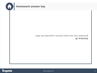 32
www.lingoda.com
Homework answer key
Exercise
p.
30
gone/been,
had,
seen,eaten,
become,
suspended,
felt,
fallen
 