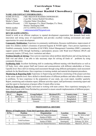 Curriculum Vitae
of
Md. Mizanur Rashid Chowdhury
NAME AND CONTACT INFORMATION :
NAME IN FULL : MD. MIZANUR RASHID CHOWDHURY.
Father’s Name : Lare Md. Aminur Rashid Chowdhury.
Mother’s Name : Zayedun Nahar Chowdhury.
Address (Present) : Vill: Sujanagor, P.o: Derai Chandpur, P.s: Derai,
District: Sunamgonj-3040.
Mobile number : 01712-330930, 01612-330930.
Email address : mdmizanurrashid78@gmail.com
KEY QUALIFICATIONS :
Intend to work as an efficient employee in reputed development organization that demands hard work,
innovation and strong sense of responsibility and provides excellent working environment and ample
opportunities for career development.
Community Mobilization: Experience in community mobilization, Resource mobilization, improvement of
under five children mother’s awareness of personal hygiene & WASH rights. I have proven experience to
Establish community Action Committee (CAC/CBO), School Management Committee (SMC), community
support system (CSS) through facilitating a participatory process with Ward level Platform (WLP) and
community leaders, UP body, Govt. institution and others.
Problem Identify & Solving: I have proven experience about problem identification and solving during my
field visit and others. I am able to take necessary steps for solving all kinds of problems by using
community Resource.
Facilitating Skill: Excellent facilitating skill in conducting different training with Beneficiaries as well as
UP body, Govt. other project Staff and Liaison and communication with different stakeholders at Union,
Upazilla level. Have skill on training need assessment through using different participatory need assessment
methods for the Beneficiaries. Have experience in training module and material development procedures.
Monitoring & Reporting Skill: Experience in Supervising and effective monitoring of the project activities
in the union /upazilla level. Have skilled in identification of different problems and takes effective measure
to problems. To have experience in the preparation of case study, any event report, monthly/ quarterly
Report, monitoring and evaluation report, different activities report, staff performance monitoring report and
send the report to focal person of project office/ Central office in time.
Work in Team context: Highly motivated in working with team context. Have experience managing of a
team. Keep liaison with Union Parishad key personnel to ensure smooth implementation of different project.
Educational qualification :
SL # Degree Group/Subject Division/GPA Country/state Year
1 BSS (Pass) Social Science 2nd
Division Bangladesh 2009
2 HSC Humanities GPA-3.30 Bangladesh 2005
3 SSC General GPA-3.10 Bangladesh 2002
PROFESSIONAL HISTORY
History of Employment ( Total Job Experience above 8 Years)
Sl No. Position Organization Location Duration
1.
Field Facilitator-ID No-
1546
Center for Natural Resource
Studies (CNRS)
Chattak,
Sunamgonj.
June 01, 2014 to Still
Now.
2. Field Facilitator
Center for Natural Resource
Studies (CNRS)
Bishwamvarpur,
Sunamgonj.
October 21, 2013 to
February 28, 2014.
3. Union Facilitator Center for Natural Resource Bishwamvarpur, March 01, 2013 to
1
 