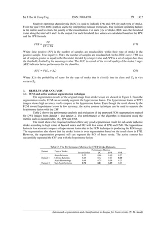 Int J Elec & Comp Eng ISSN: 2088-8708 
Automated segmentation and classification technique for brain stroke (N. M. Saad)
1837
Receiver operating characteristic (ROC) is used to indicate TPR and FPR for each type of stroke.
From the year 1940, ROC graph is useful for interpreting medical test results. The recipient operating feature
is the metric used to check the quality of the classification. For each type of stroke, ROC uses the threshold
value along the interval 0 and 1 to the output. For each threshold, two values are calculated based on the TPR
and the FPR formula.
𝐹𝑃𝑅 =
𝐹𝑃
𝐹𝑃 + 𝑇𝑁
(19)
Where false positive (FP) is the number of samples are misclassified within their type of stroke in the
positive sample. True negative (TN) is the number of samples are misclassified. In this ROC curve, TPR is a
set of outputs greater or equal to the threshold, divided by a target value and FPR is a set of outputs less than
the threshold, divided by the zero-target value. The AUC is a result of the overall quality of the stroke. Larger
AUC indicates better performance for the classifier.
𝐴𝑈𝐶 = 𝑃(𝑋1 > 𝑋0) (20)
Where 𝑋1is the probability of score for the type of stroke that is classify into its class and 𝑋0 is vice
versa to 𝑋1.
3. RESULTS AND ANALYSIS
3.1. FCM and active contour segmentation technique
The segmentation results of the original image from stroke lesion are showed in Figure 2. From the
segmentation results, FCM can accurately segment the hyperintense lesion. The hyperintense lesion of DWI
images shows high accuracy result compare to the hypointense lesion. Even though the result shows by the
FCM toward hypointense lesion is low accuracy, the active contour technique can be used to separate the
hypointense lesion with the CSF
Table 2 shows the performance analysis and evaluation of the proposed FCM segmentation method
for DWI images from dataset 1 and dataset 2. The performance of the algorithm is measured using the
metrics such as Jaccard index, DC, FPR and FNR.
The result shows the proposed method offers very good segmentation result for sub-acute ischemic
stroke according to high value of Jaccard index and DC with low value of FPR and FNR. The hypointense
lesion is less accurate compare to hyperintense lesion due to the FCM technique in producing the ROI image.
The segmentation also shows that the stroke lesion is over segmentation based on the result show in FPR.
However, the segmentation proposed still can segment the ROI of brain stroke. The active contour has
successfully separated the CSF area with the hypointense lesion.
Table 2. The Performance Metrics for DWI Stroke Datasets
Dataset Type of Stroke
Performance Metrics
Jaccard index DC FPR FNR
Dataset 1
Acute Ischemic 0.53 0.66 0.09 0.37
Chronic Ischemic 0.28 0.42 0.61 0.10
Acute Hemorrhage 0.68 0.79 0.18 0.25
Dataset 2 Sub-Acute Ischemic 0.72 0.83 0.05 0.23
 