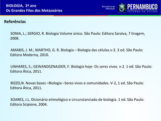 Referências
SONIA, L.; SERGIO, R. Biologia Volume único. São Paulo: Editora Saraiva, 7 tiragem,
2008.
AMABIS, J. M.; MARTHO, G. R. Biologia – Biologia das células.v-2. 3 ed. São Paulo:
Editora Moderna, 2010.
LINHARES, S.; GEWANDSZNAJDER, F. Biologia hoje- Os seres vivos. v-2. 1 ed. São Paulo:
Editora Ática, 2011.
BIZZO,N. Novas bases –Biologia –Seres vivos e comunidades. V-2, 1 ed. São Paulo:
Editora Ática, 2011.
SOARES, J.L. Dicionário etimológico e circunstanciado de biologia. 1 ed. São Paulo:
Editora Scipione, 2004.
BIOLOGIA, 2ª ano
Os Grandes Filos dos Metazoários
 