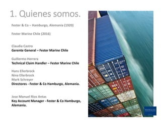1. Quienes somos.
3
Fester & Co – Hamburgo, Alemania (1920)
Fester Marine Chile (2016)
Claudia Castro
Gerente General – Fe...
