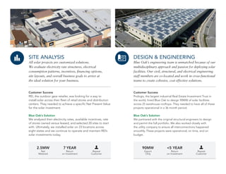 Repeat
Customer
SITE ANALYSIS
All solar projects are customized solutions.
We evaluate electricity rate structures, electrical
consumption patterns, incentives, financing options,
site layouts, and overall business goals to arrive at
the ideal solution for your business.
Customer Success
REI, the outdoor gear retailer, was looking for a way to
install solar across their fleet of retail stores and distribution
centers. They needed to achieve a specific Net Present Value
for the solar investment.
Blue Oak’s Solution
We analyzed their electricity rates, available incentives, rate
of stores owned versus leased, and selected 20 sites to start
with. Ultimately, we installed solar on 23 locations across
eight states and we continue to operate and maintain REI’s
solar investments today.
DESIGN & ENGINEERING
Blue Oak’s engineering team is unmatched because of our
multidisciplinary approach and passion for deploying solar
facilities. Our civil, structural, and electrical engineering
staff members are co-located and work in cross-functional
teams to create cohesive, cost effective solutions.
Customer Success
Prologis, the largest industrial Real Estate Investment Trust in
the world, hired Blue Oak to design 90MW of solar facilities
across 25 warehouse rooftops. They needed to have all of these
projects operational in a 36 month period.
Blue Oak’s Solution
We partnered with the original structural engineers to design
and permit the full portfolio. We also worked closely with
the utility company to ensure all interconnections happened
smoothly. These projects were operational, on time, and on
budget.
2.5MW
Net
Metered
90MW
Export
Only
7 YEAR
Return
on Investment
<5 YEAR
Return
on Investment
Repeat
Customer
 