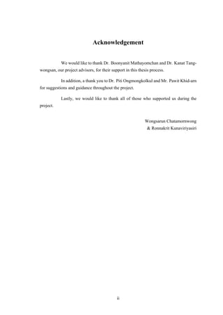 Acknowledgement
We would like to thank Dr. Boonyanit Mathayomchan and Dr. Kanat Tang-
wongsan, our project advisors, for their support in this thesis process.
In addition, a thank you to Dr. Piti Ongmongkolkul and Mr. Pawit Khid-arn
for suggestions and guidance throughout the project.
Lastly, we would like to thank all of those who supported us during the
project.
Wongsarun Chatamornwong
& Ronnakrit Kunaviriyasiri
ii
 