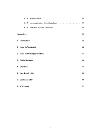 6.1.4 Course Status . . . . . . . . . . . . . . . . . . . . . . . . . . . 59
6.1.5 Access container from other client . . . . . . . . . . . . . . . . 59
6.1.6 Different platform containers . . . . . . . . . . . . . . . . . . . 60
Appendices 62
A Course table 63
B Hand In Work table 64
C Hand In Work Question table 65
D Public Key table 66
E User table 67
F User Enroll table 69
G Container table 70
H Work table 71
v
 