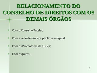 36
36
RELACIONAMENTO DO
RELACIONAMENTO DO
CONSELHO DE DIREITOS COM OS
CONSELHO DE DIREITOS COM OS
DEMAIS ÓRGÃOS
DEMAIS ÓRGÃOS
 Com o Conselho Tutelar;
 Com a rede de serviços públicos em geral;
 Com os Promotores de Justiça;
 Com os Juízes.
4º Centro de Apoio Operacional das Promotorias de Justiça da Infância e da Juventude
 