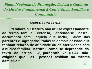 37
37
Plano Nacional de Promoção, Defesa e Garantia
do Direito Fundamental à Convivência Familiar e
Comunitária
MARCO CONCEITUAL
“Embora o Estatuto não utilize expressamente
do termo família extensa, entende-se neste
documento com aquela que inclui, além dos
parentes e agregados, todas as demais pessoas que
tenham relação de afinidade ou de afetividade com
o núcleo familiar natural, como se depreende do
texto do artigo 28, parágrafo 2° (ECA), não
exigindo que as pessoas residam no mesmo
domicílio.”
 