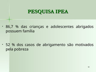 52
52
PESQUISA IPEA
PESQUISA IPEA
• 86,7 % das crianças e adolescentes abrigados
possuem família
• 52 % dos casos de abrigamento são motivados
pela pobreza
 