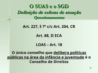 66
66
O SUAS e o SGD
O SUAS e o SGD
Definição de esferas de atuação
Definição de esferas de atuação
Questionamentos
Questionamentos
Art. 227, § 7º c/c Art. 204, CR
Art. 88, II ECA
LOAS – Art. 18
O único conselho que delibera políticas
públicas na área da infância e juventude é o
Conselho de Direitos
 