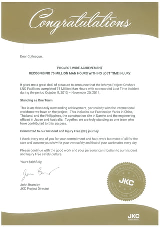 JKC 75 Safe Million Man-Hour Certificate